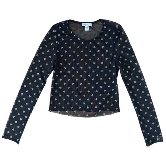 Topshop Women's Mesh Glitter Dotted Top Long Sleeve Sheer Size 4 Black - Picture 2 of 7